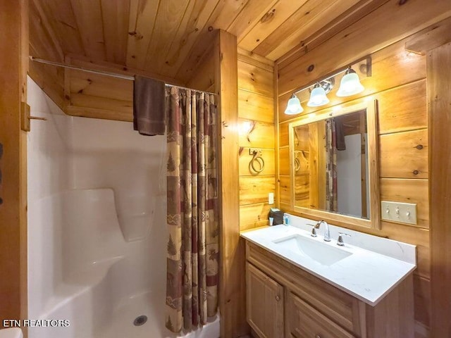 bathroom with wood ceiling, wooden walls, and curtained shower