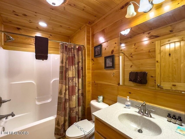 full bathroom with wood ceiling, shower / tub combo with curtain, vanity, and wooden walls