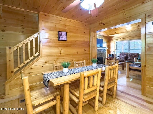 dining area featuring hardwood / wood-style flooring, ceiling fan, wooden walls, and wooden ceiling