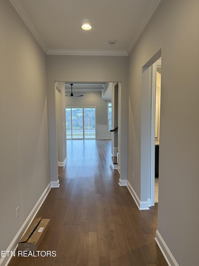 hall featuring ornamental molding and dark hardwood / wood-style flooring