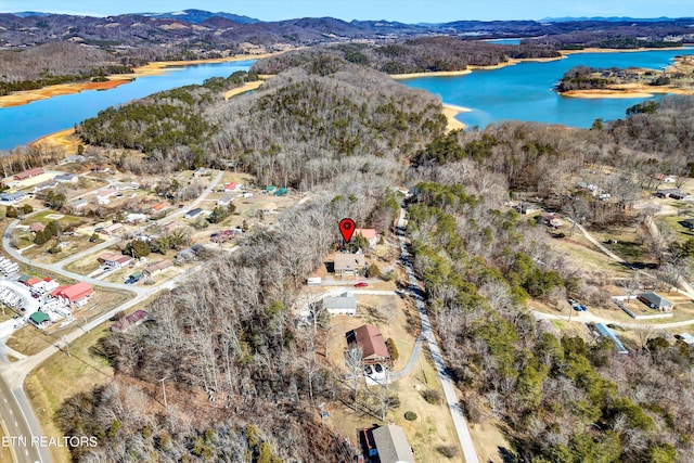 drone / aerial view with a water and mountain view