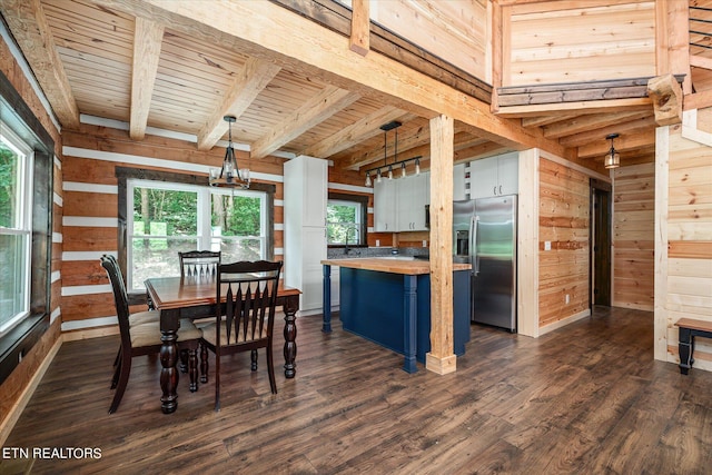 dining area featuring sink, wood walls, wood ceiling, dark hardwood / wood-style flooring, and beamed ceiling