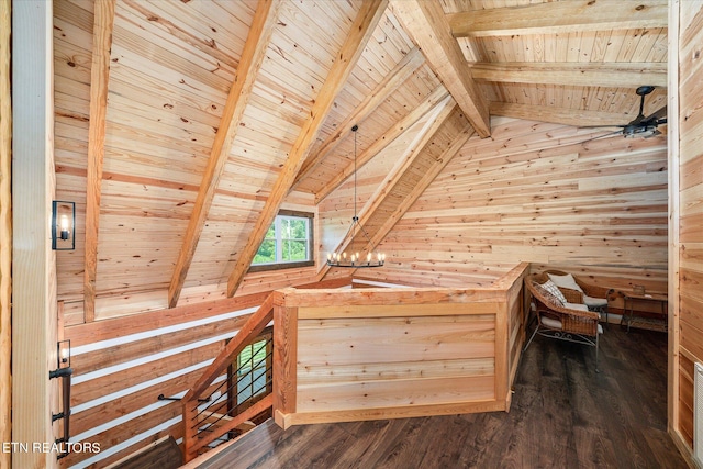 bonus room featuring vaulted ceiling with beams, dark hardwood / wood-style floors, wooden walls, and wooden ceiling