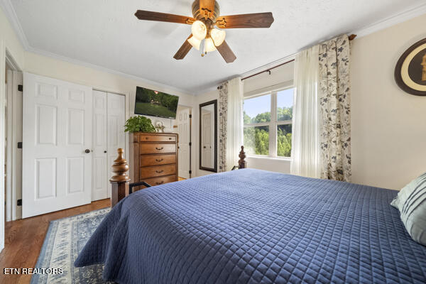 bedroom with a closet, ornamental molding, hardwood / wood-style floors, and ceiling fan