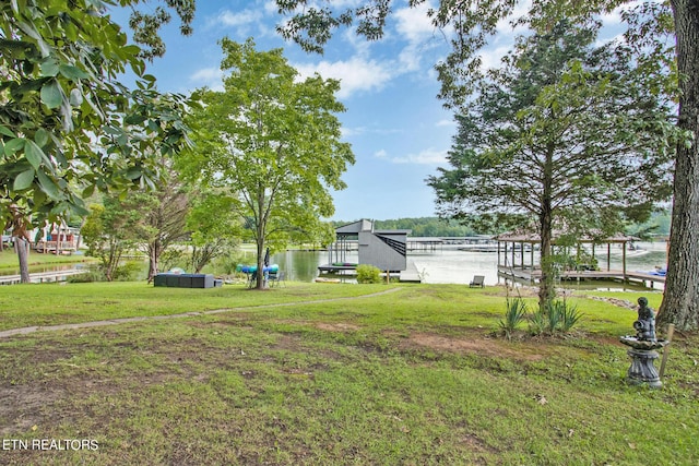 view of yard with a water view and a boat dock