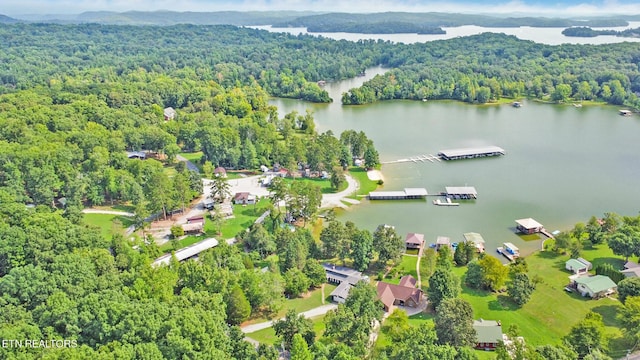 aerial view with a water view and a forest view