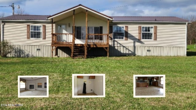 rear view of property featuring a wooden deck and a yard