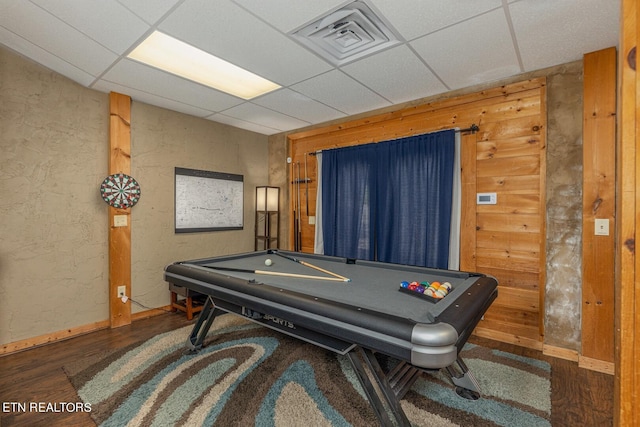 rec room with a paneled ceiling, wood-type flooring, and pool table