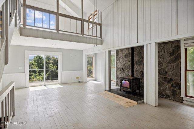 unfurnished living room with hardwood / wood-style floors and a wood stove