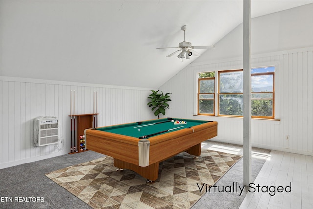 rec room featuring lofted ceiling, heating unit, ceiling fan, and billiards