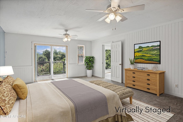 bedroom featuring ceiling fan, carpet flooring, and access to exterior