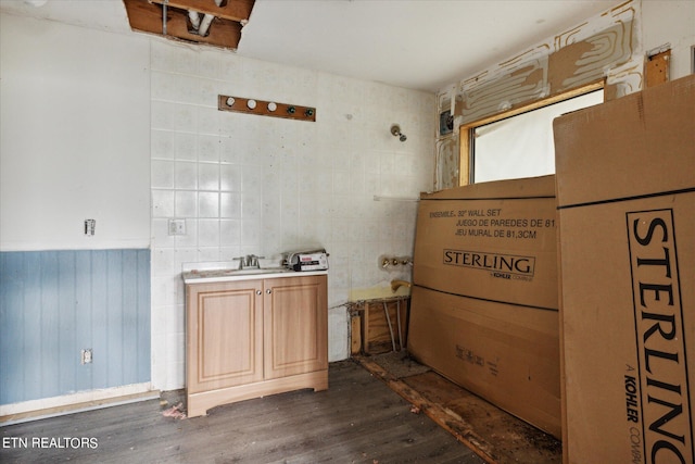 interior space with tile walls, sink, and wood-type flooring