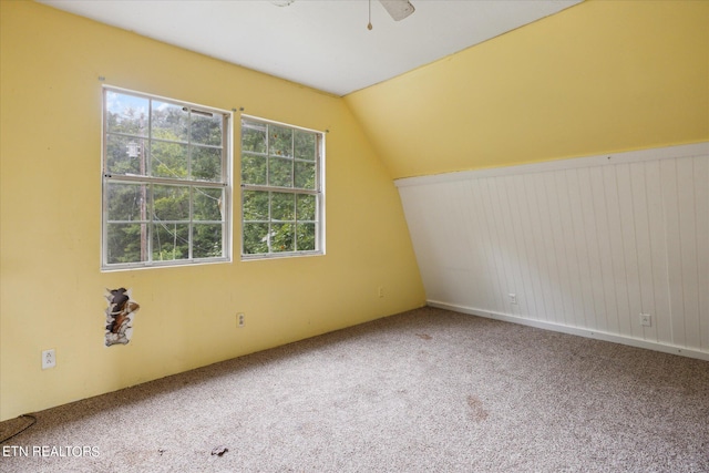 additional living space featuring ceiling fan, vaulted ceiling, and carpet