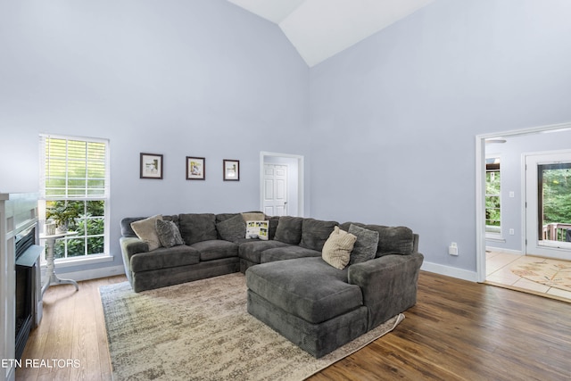 living room with hardwood / wood-style flooring and high vaulted ceiling