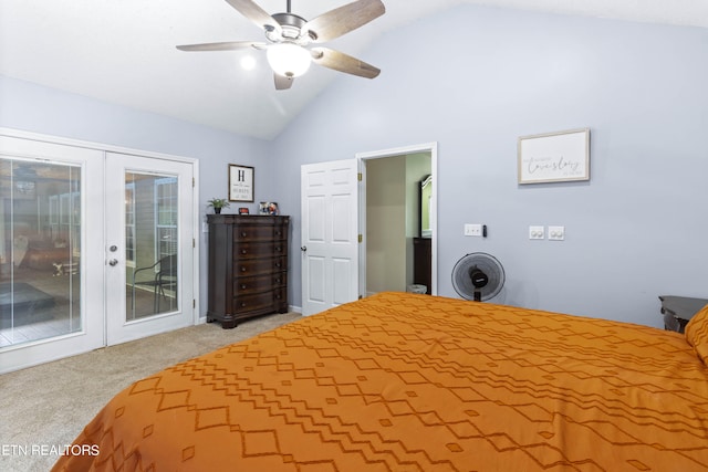 carpeted bedroom featuring high vaulted ceiling, access to outside, french doors, and ceiling fan