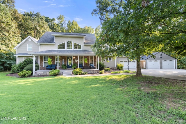 view of front facade featuring covered porch, a shingled roof, a front lawn, and brick siding