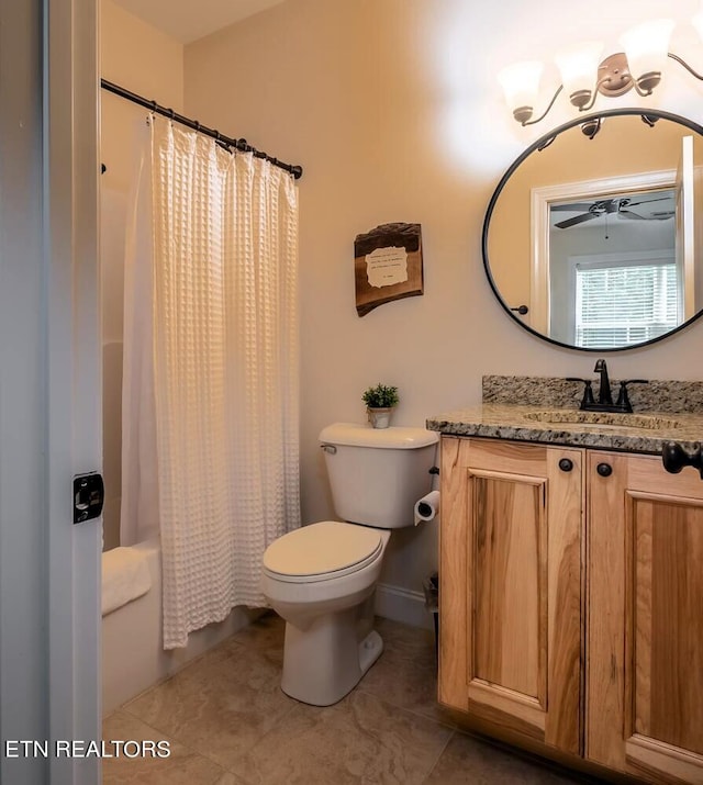 full bathroom featuring tile patterned flooring, shower / bath combo, toilet, vanity, and ceiling fan