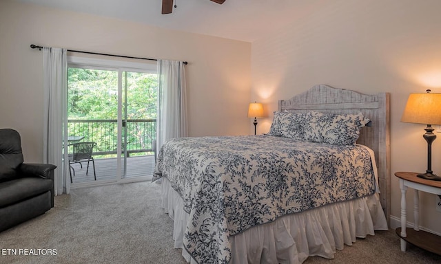 bedroom featuring light colored carpet, access to exterior, and ceiling fan