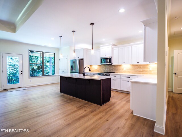 kitchen featuring decorative backsplash, light hardwood / wood-style flooring, an island with sink, sink, and stainless steel appliances