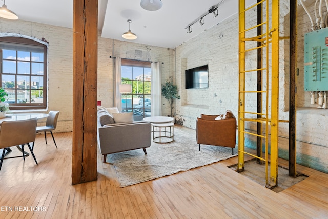 living room featuring hardwood / wood-style flooring, a wealth of natural light, and rail lighting