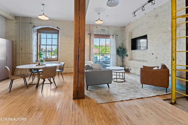 living room featuring rail lighting, a high ceiling, and light hardwood / wood-style flooring