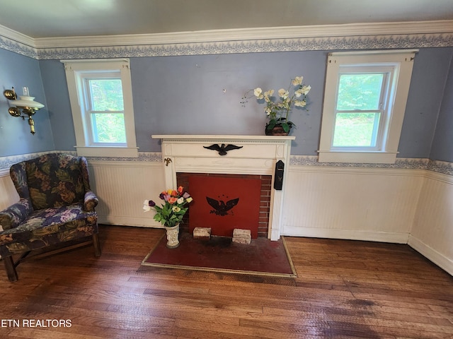 living area featuring crown molding, plenty of natural light, and dark hardwood / wood-style flooring