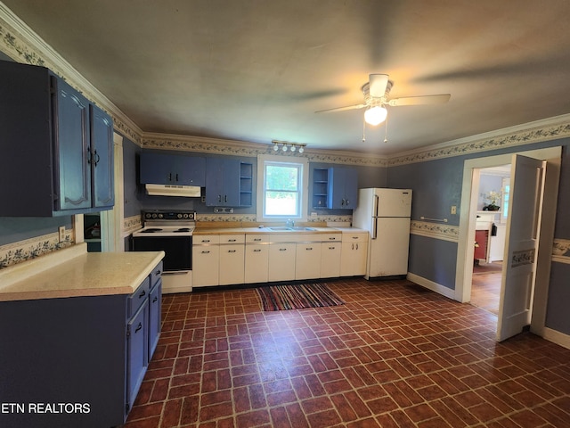 kitchen with blue cabinets, sink, white cabinetry, electric range, and white fridge