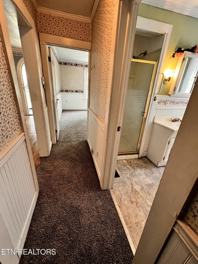 209 Greenwood Ave, Pennington Gap, VA 24277 - hall with wallpapered walls, a wainscoted wall, and ornamental molding