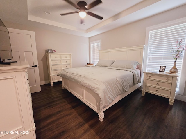 bedroom featuring a raised ceiling, ceiling fan, and hardwood / wood-style floors