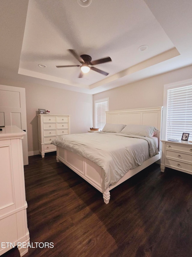 bedroom featuring ceiling fan, wood-type flooring, and a raised ceiling