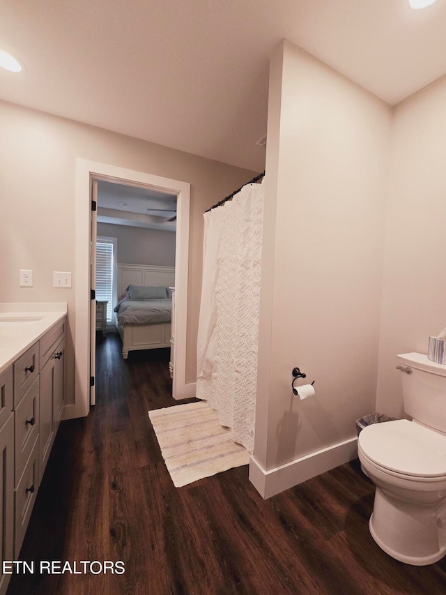 bathroom with vanity, toilet, and hardwood / wood-style floors