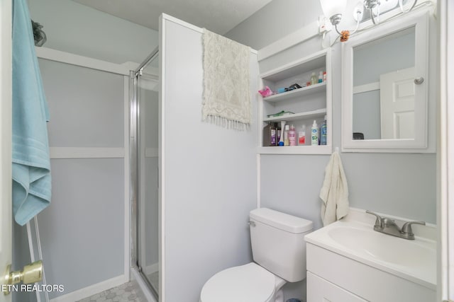 full bath with toilet, a stall shower, and vanity