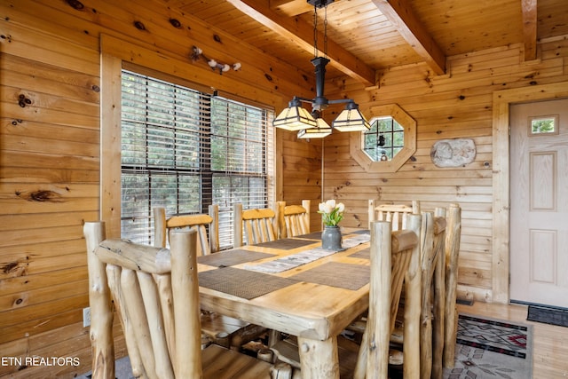 dining area featuring wood ceiling, beam ceiling, hardwood / wood-style flooring, and wood walls