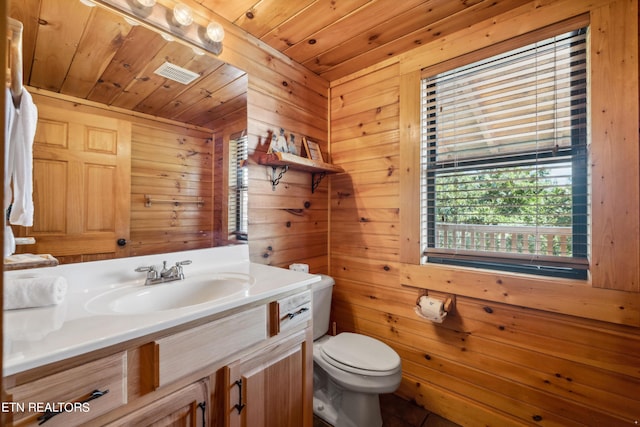 bathroom with wood ceiling, vanity, toilet, and wood walls