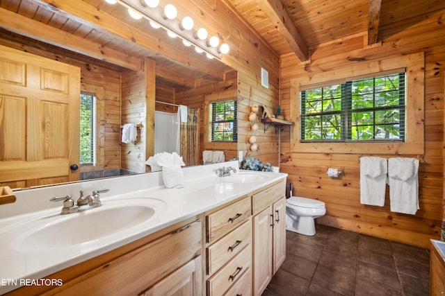 bathroom featuring wood ceiling, toilet, beamed ceiling, and wood walls