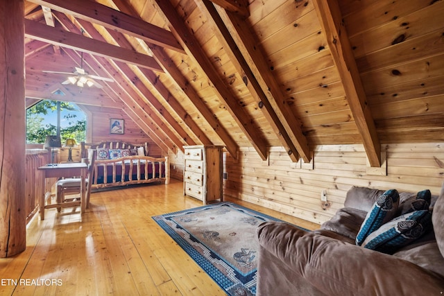 bedroom with lofted ceiling with beams, wooden ceiling, wooden walls, and light hardwood / wood-style flooring