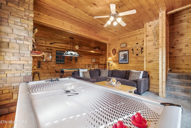 game room featuring wooden walls, pool table, wooden ceiling, and ceiling fan