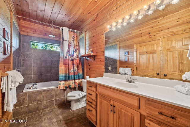 full bathroom with tile patterned floors, toilet, wood ceiling, vanity, and shower / bath combo with shower curtain