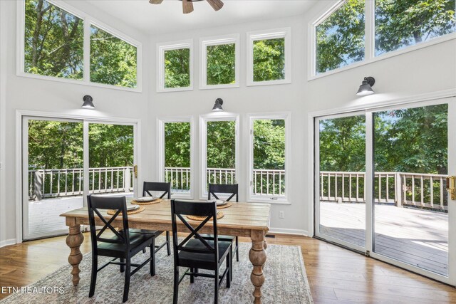 dining space featuring a high ceiling, ceiling fan, and light hardwood / wood-style floors