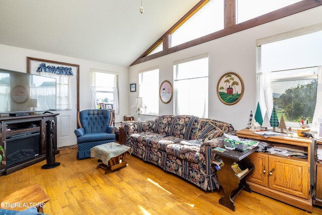 living room featuring light wood-type flooring and high vaulted ceiling