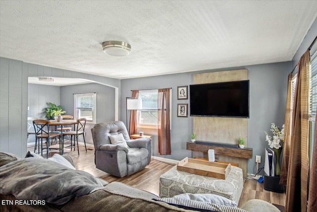 living area with a textured ceiling, baseboards, and light wood-style floors