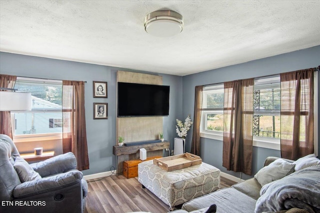 living area with light wood finished floors, a textured ceiling, baseboards, and a wealth of natural light