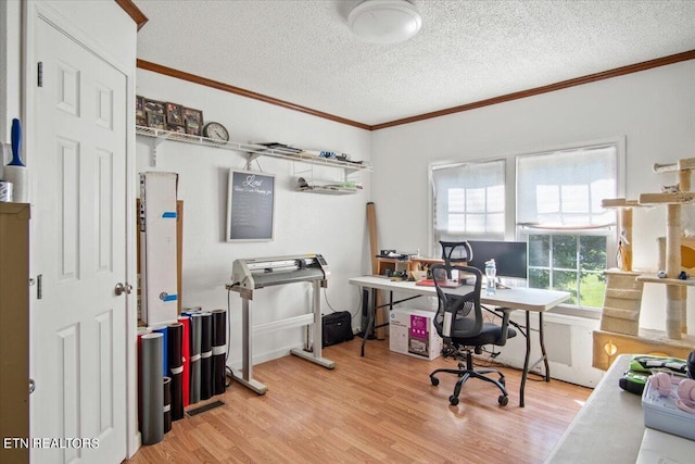 office space featuring ornamental molding, a textured ceiling, and light wood finished floors