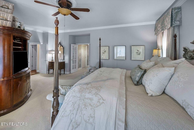 bedroom with ceiling fan, crown molding, and light carpet