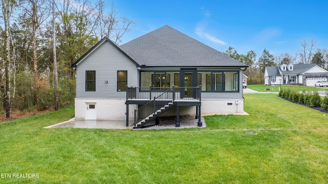 back of house with a patio, a lawn, stairs, and a shingled roof