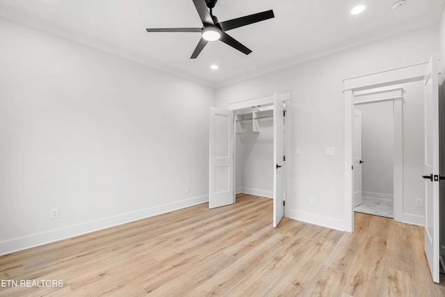 unfurnished bedroom with light wood-type flooring, baseboards, recessed lighting, and ceiling fan