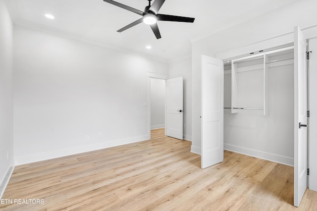 unfurnished bedroom featuring recessed lighting, baseboards, light wood-style floors, and a closet