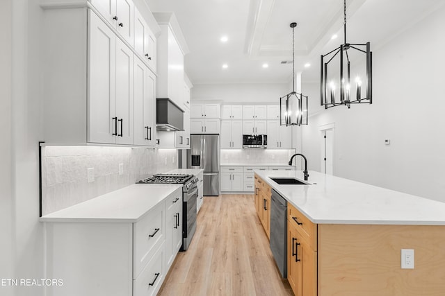 kitchen featuring stainless steel appliances, white cabinetry, and pendant lighting