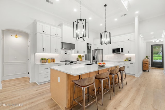 kitchen with appliances with stainless steel finishes, white cabinetry, light countertops, and a large island