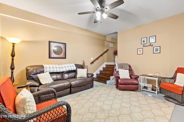 living room featuring ceiling fan